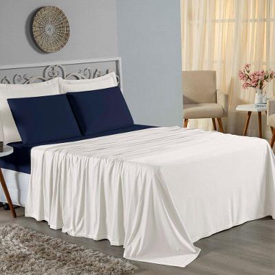 Jogo De Cama Casal Viúva Nobre 4 Peças Malha 100% Algodão - Palha / Azul-marinho