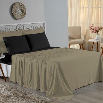 Jogo De Cama King Nobre 4 Peças Lençol Com Elástico De 30cm De Altura Malha 100% Algodão - Avelã / Preto