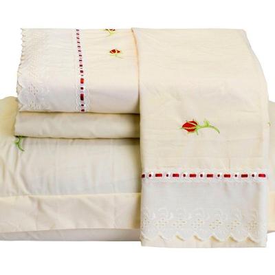 Jogo De Cama Felicitá Casal Queen 4 Peças Percal 200 Fios 100% Algodão Bordado - Marfim