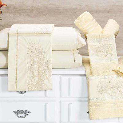 Jogo De Cama Casal Queen Topázio Bordado 04 Peças Percal 200 Fios 100% Algodão - Marfim