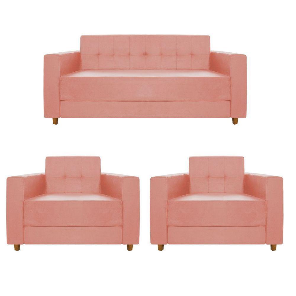 Kit Sofá 2 Lugares E 2 Poltronas Denver Suede Coral - Doce Sonho Móveis - 1