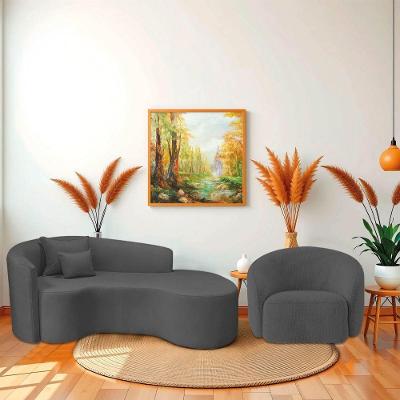 Kit Recamier Curvo Sala De Estar Inglaterra 200cm Lado Direito E Poltrona Orgânica Luxo Amore Linho Cinza Escuro