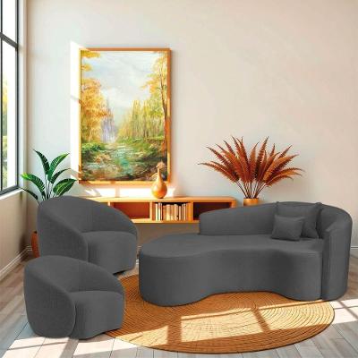 Kit Recamier Curvo Sala De Estar Inglaterra 200cm Lado Direito E 2 Poltronas Orgânica Luxo Amore Linho Cinza Escuro