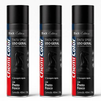 Kit 03 Tintas Spray 400ml Para Uso Geral Multiuso Secagem Rápida - Chemicolor Cor Preto Fosco