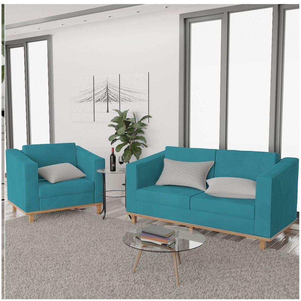 Kit Sofá 2 Lugares e Poltrona Europa Suede Azul Turquesa - 6