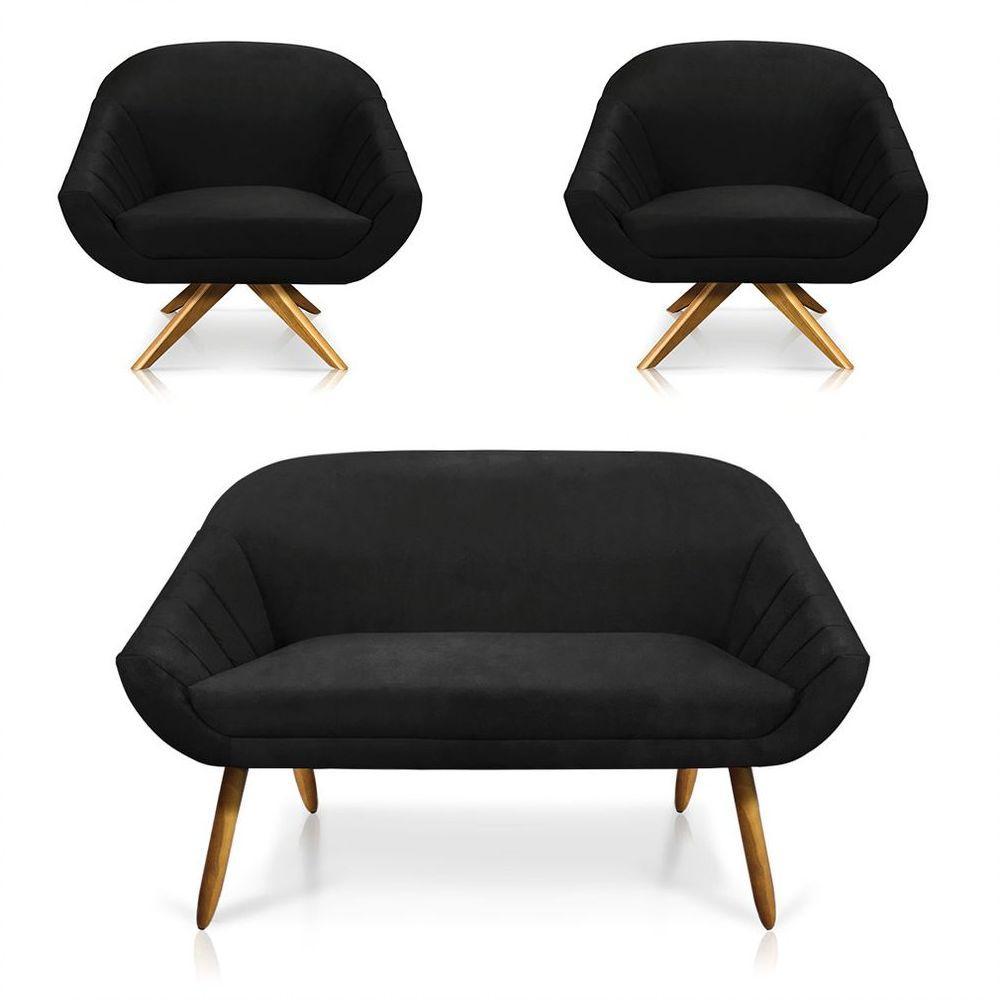 Kit 01 Namoradeira 02 Lugares E 02 Poltronas Giovana Suede Preto - 1
