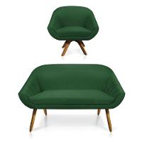 Kit 01 Namoradeira 02 Lugares E 01 Poltrona Giratória Giovana Suede Base Madeira Mm30 D'rossi Verde - 1