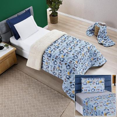 Kit Coberdrom + Jogo De Cama Bouti Kids Solteiro 04 Peças 100% Poliéster - Game