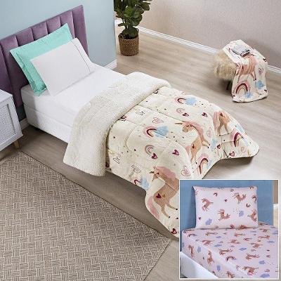 Kit Coberdrom + Jogo De Cama Bouti Kids Solteiro 03 Peças 100% Poliéster - Unicórnio