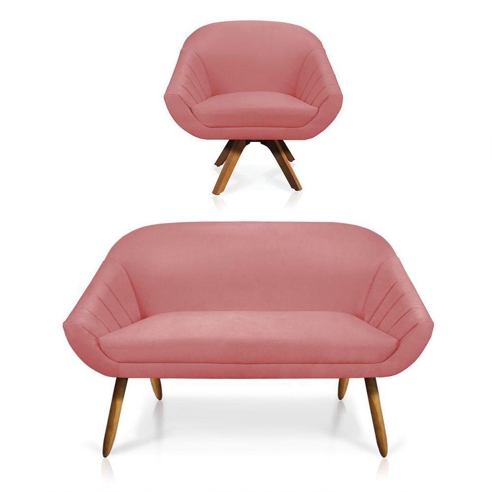 Kit 01 Namoradeira 02 Lugares E 01 Poltrona Giratória Giovana Suede Base Madeira Mm30 D'rossi Rose - 1