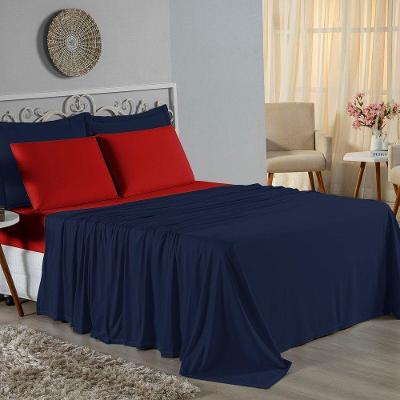 Jogo De Cama Casal Nobre 4 Peças Lençol Com Elástico De 30cm De Altura Malha 100% Algodão - Azul-marinho / Vermelho