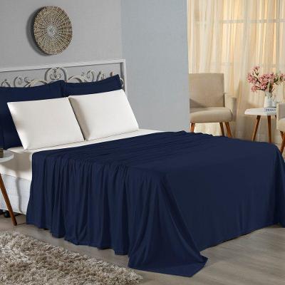 Jogo De Cama Casal Nobre 4 Peças Lençol Com Elástico De 30cm De Altura Malha 100% Algodão - Azul-marinho / Palha