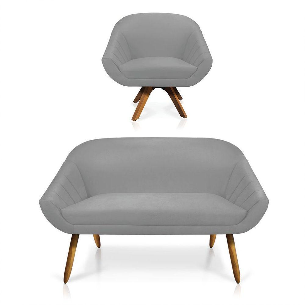 Kit 01 Namoradeira 02 Lugares E 01 Poltrona Giratória Giovana Suede Base Madeira Mm30 D'rossi Cinza - 1