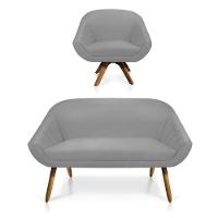 Kit 01 Namoradeira 02 Lugares E 01 Poltrona Giratória Giovana Suede Base Madeira Mm30 D'rossi Cinza - 1