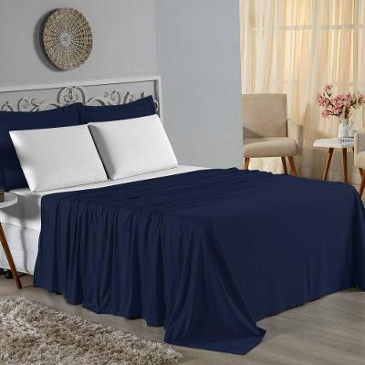 Jogo De Cama Casal Nobre 4 Peças Lençol Com Elástico De 30cm De Altura Malha 100% Algodão - Azul-marinho / Branco