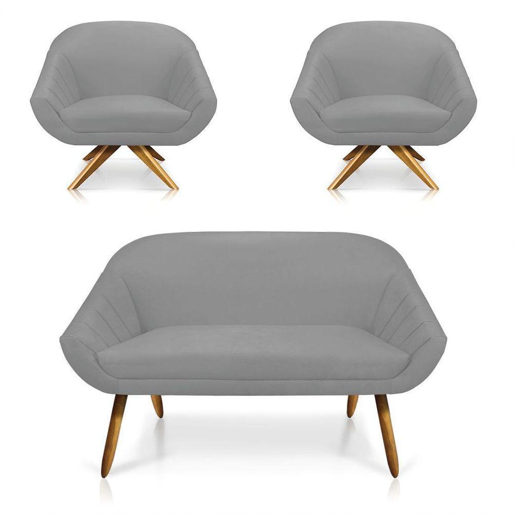 Kit 01 Namoradeira 02 Lugares E 02 Poltronas Giovana Suede Cinza - 1