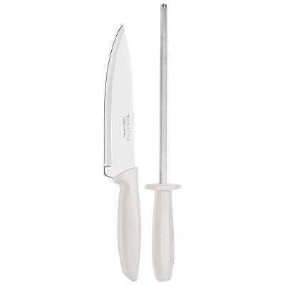 Jogo De Faca Com Chaira Plenus Lâminas Aço Inox Cabos De Polipropileno Off White 2 Peças