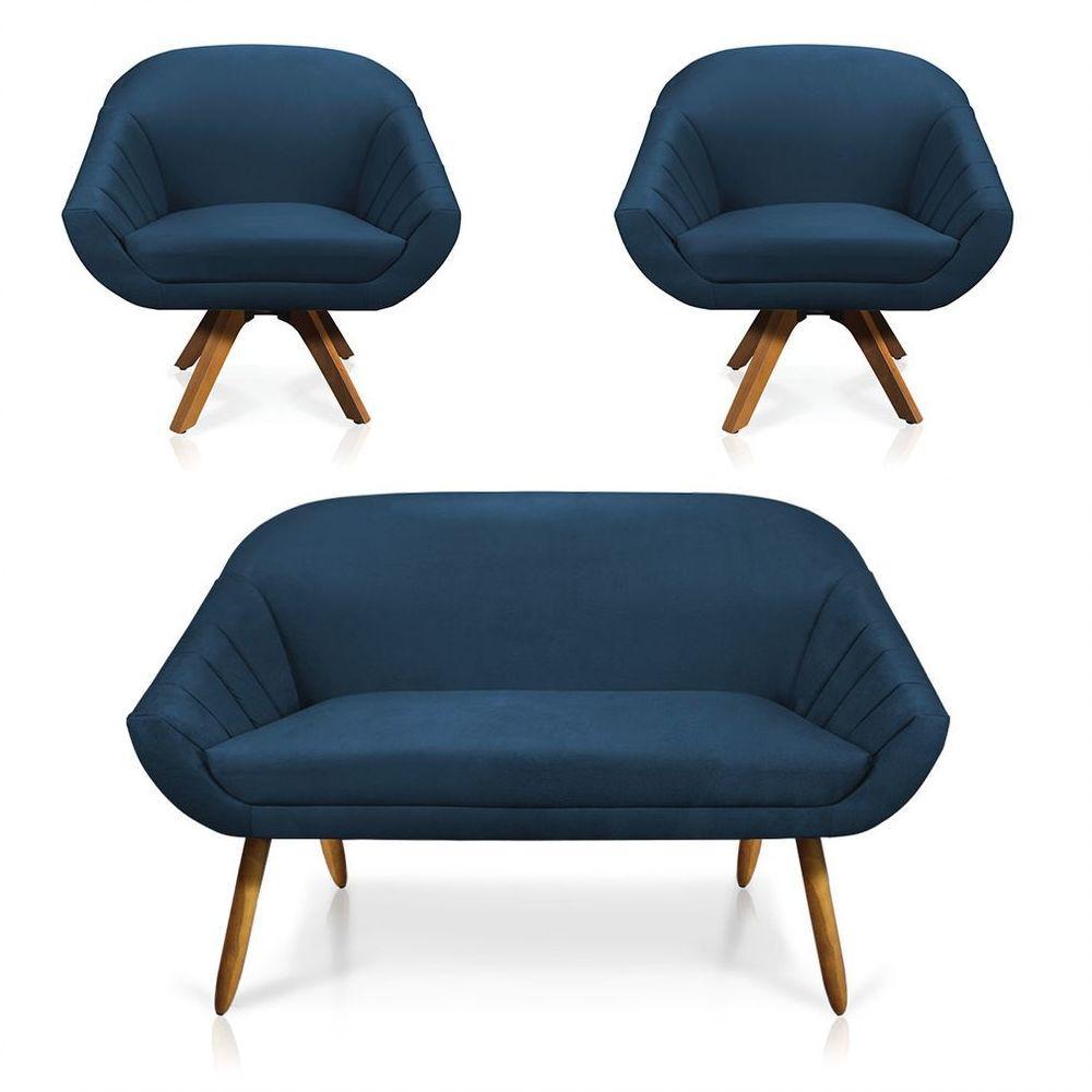 Kit 01 Namoradeira 02 Lugares E 02 Poltronas Giovana Suede Azul Marinho - 1