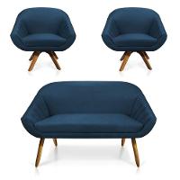 Kit 01 Namoradeira 02 Lugares E 02 Poltronas Giratória Giovana Suede Base Madeira Mm30 - D'rossi Azul Marinho - 1