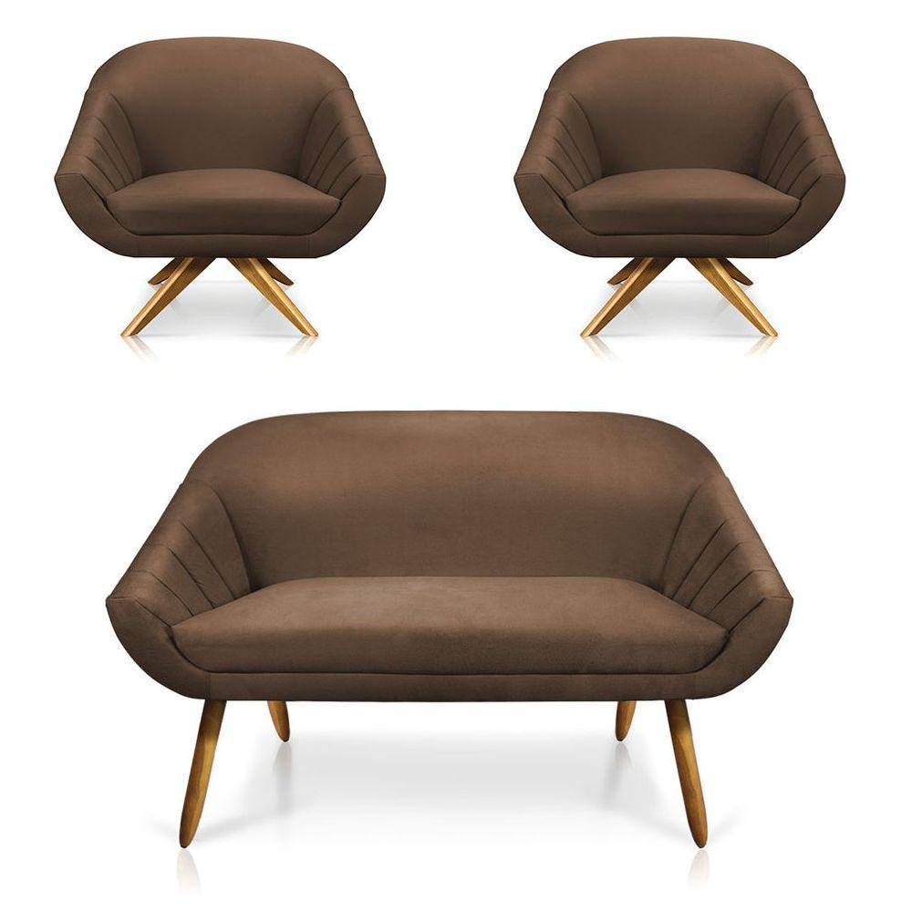 Kit 01 Namoradeira 02 Lugares E 02 Poltronas Giovana Suede Marrom - 1