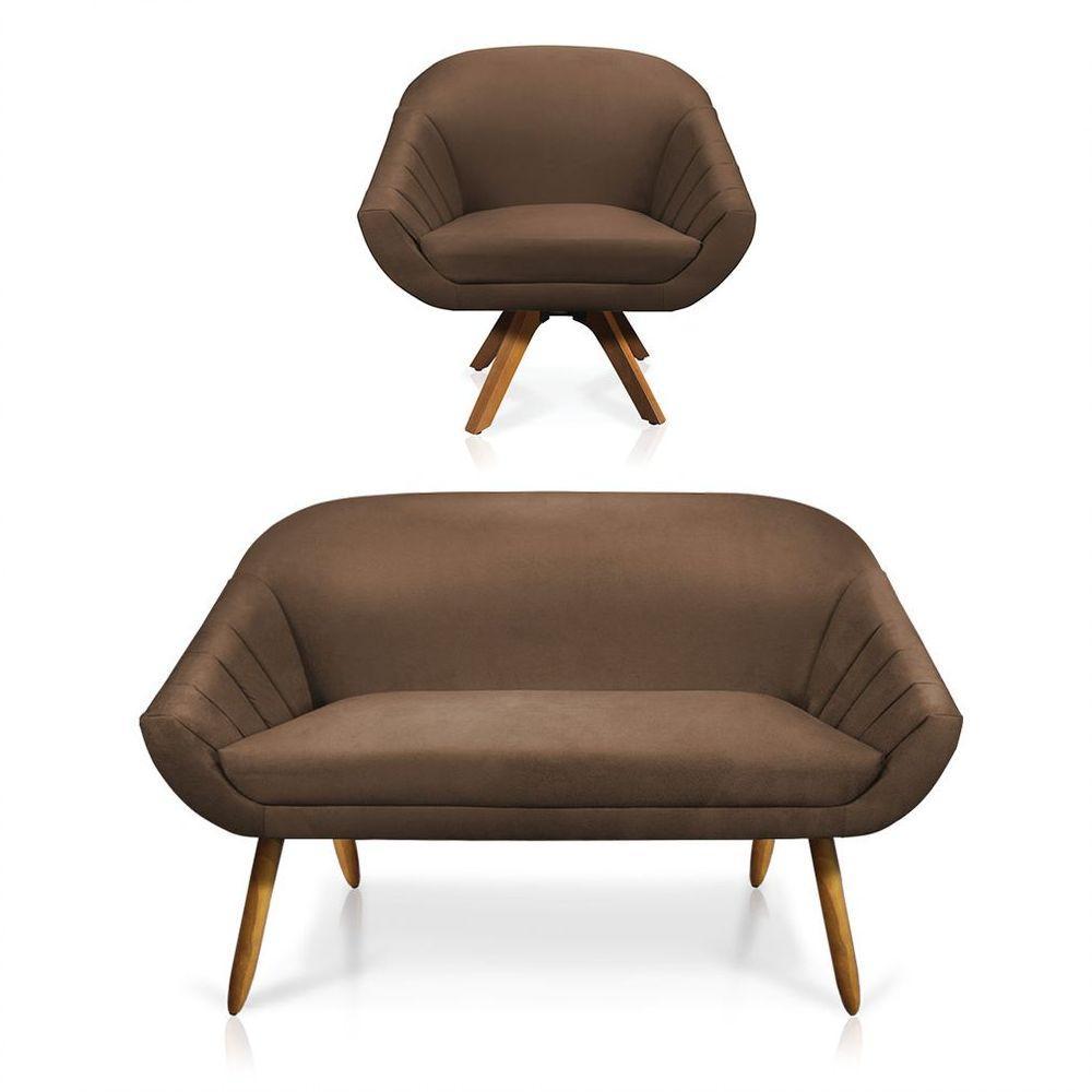 Kit 01 Namoradeira 02 Lugares E 01 Poltrona Giratória Giovana Suede Base Madeira Mm30 D'rossi Marrom - 1