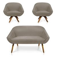 Kit 01 Namoradeira 02 Lugares E 02 Poltronas Giratória Giovana Suede Base Madeira Mm30 - D'rossi Marrom Rato - 1