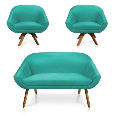 Kit 01 Namoradeira 02 Lugares E 02 Poltronas Giratória Giovana Suede Base Madeira Mm30 - D'rossi Azul Turquesa