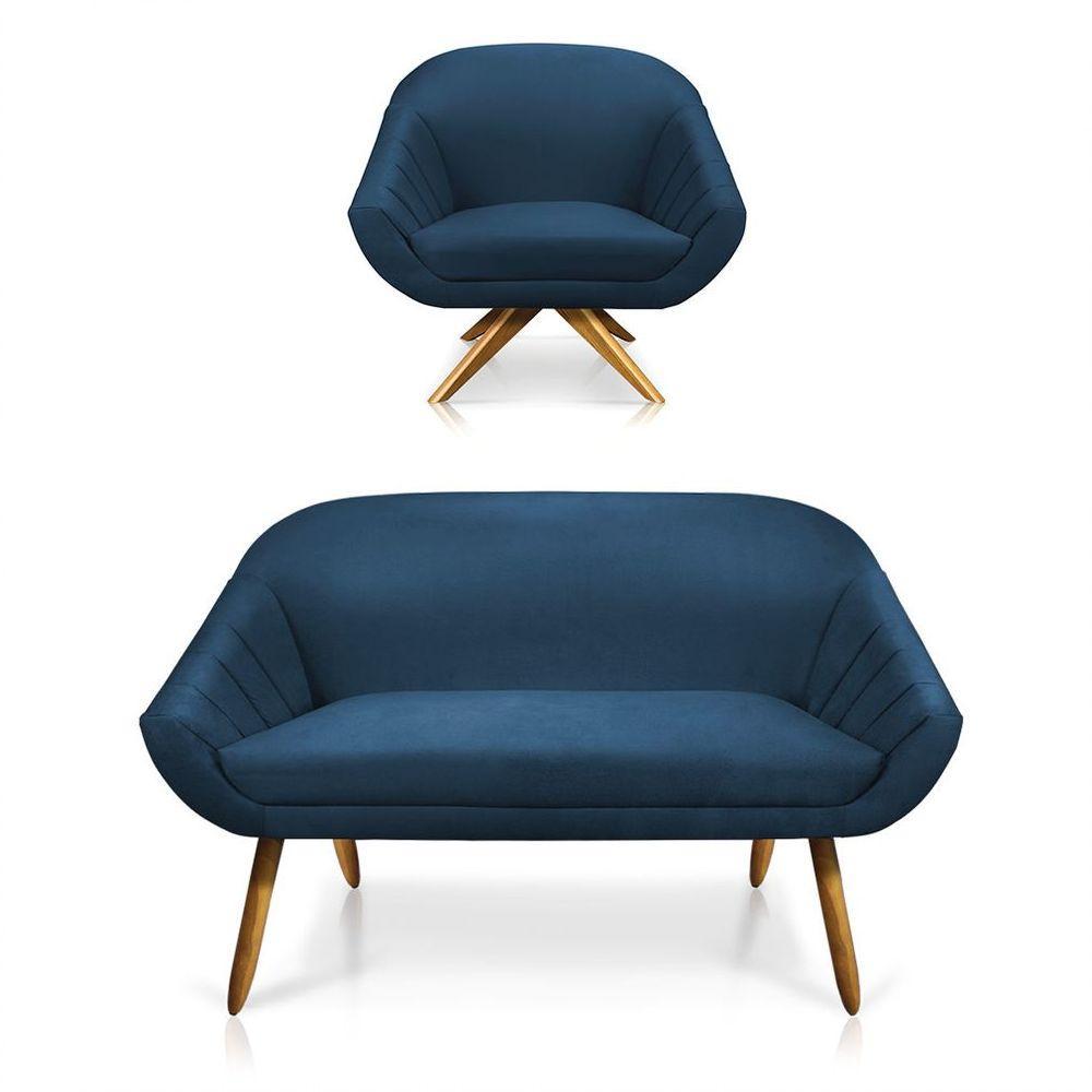 Kit 01 Namoradeira 02 Lugares E 01 Poltrona Giovana Suede Azul Marinho - 1