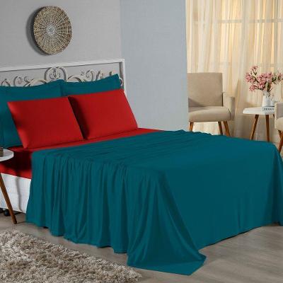 Jogo De Cama Casal Viúva Nobre 4 Peças Malha 100% Algodão - Petróleo / Vermelho
