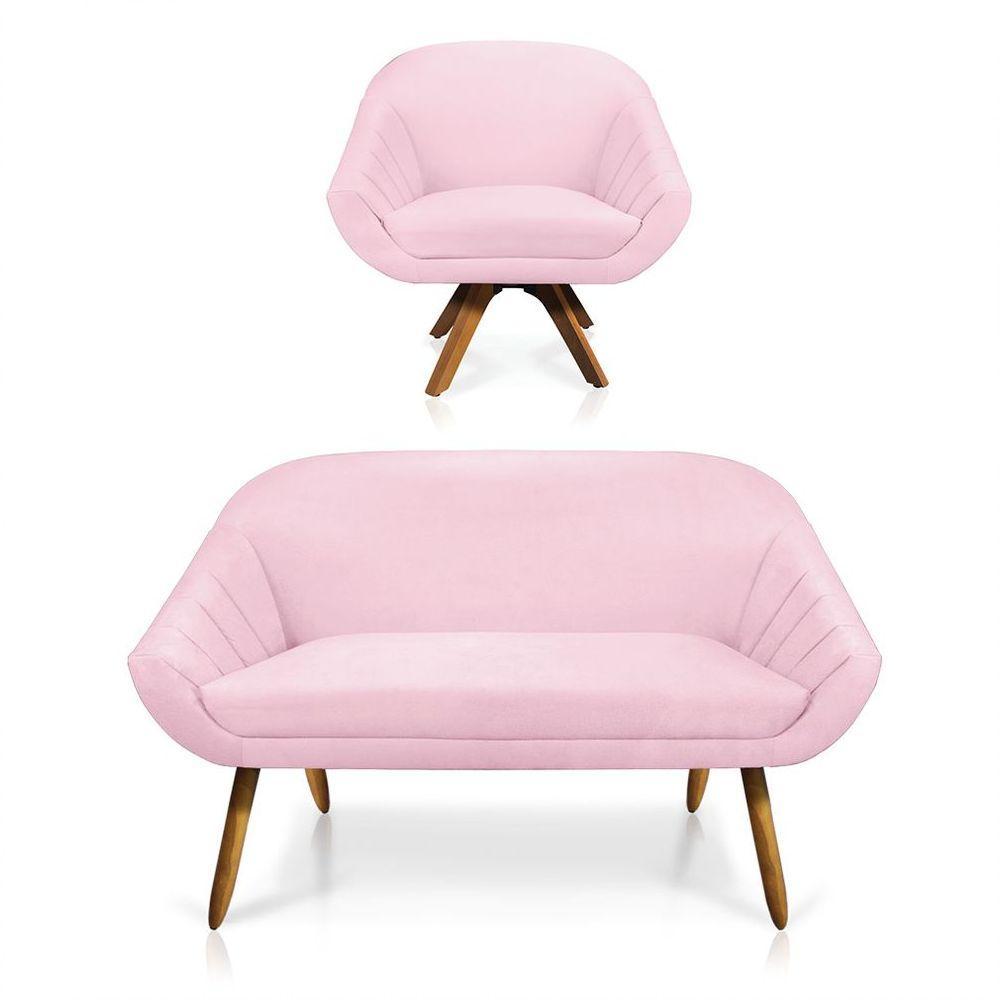 Kit 01 Namoradeira 02 Lugares E 01 Poltrona Giovana Suede Rosa Bebê - 1