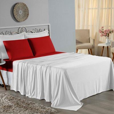 Jogo De Cama King Nobre 4 Peças Lençol Com Elástico De 30cm De Altura Malha 100% Algodão - Branco / Vermelho