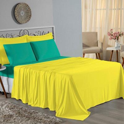 Jogo De Cama King Nobre 4 Peças Lençol Com Elástico De 30cm De Altura Malha 100% Algodão - Amarelo / Jade