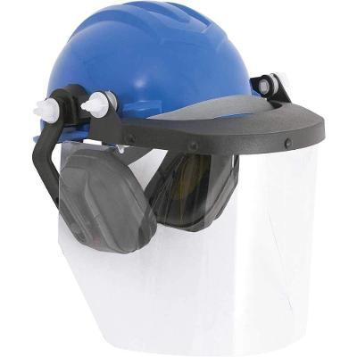 Capacete Azul Com Aba Frontal, Protetor Facial E Abafador De Ruídos, Ledan