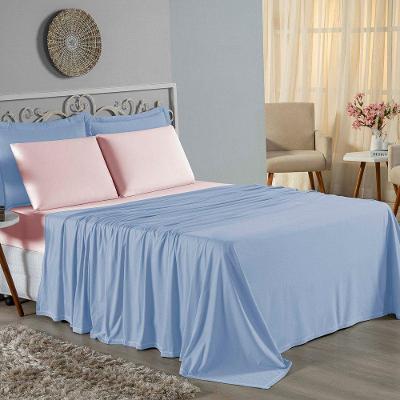 Jogo De Cama Queen Nobre 4 Peças Lençol Com Elástico De 30cm De Altura Malha 100% Algodão - Azul-bebê / Rosa