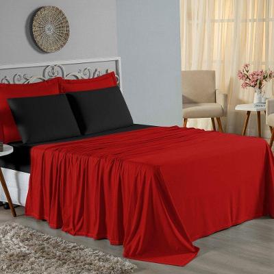 Jogo De Cama King Nobre 4 Peças Lençol Com Elástico De 30cm De Altura Malha 100% Algodão - Vermelho / Preto