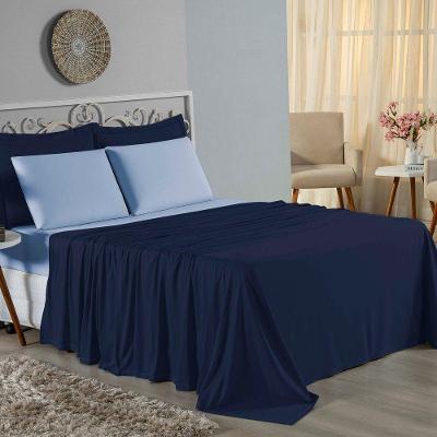 Jogo De Cama Solteiro Nobre 3 Peças Lençol Com Elástico De 30cm De Altura Malha 100% Algodão - Azul-marinho / Azul-bebê