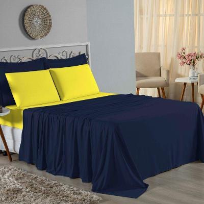 Jogo De Cama Solteiro Nobre 3 Peças Lençol Com Elástico De 30cm De Altura Malha 100% Algodão - Azul-marinho / Amarelo