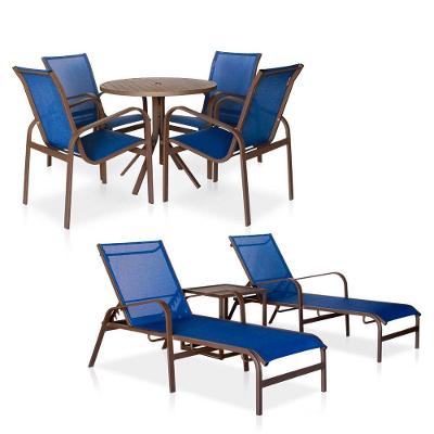 Conjunto 1 Mesa + 4 Cadeiras + 2 Espreguiçadeiras + 1 Mesinha De Centro - Marrom Com Tela Azul