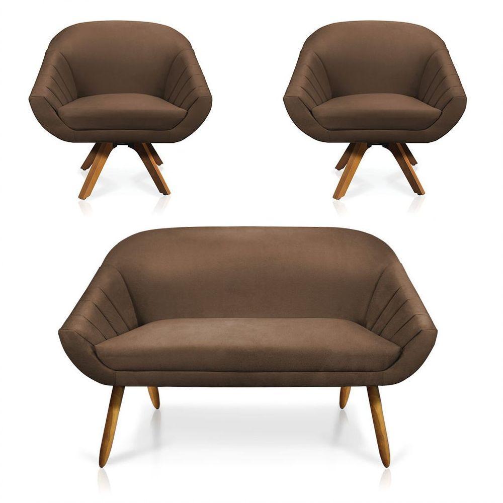Kit 01 Namoradeira 02 Lugares E 02 Poltronas Giratória Giovana Suede Base Madeira Mm30 - D'rossi Marrom - 1