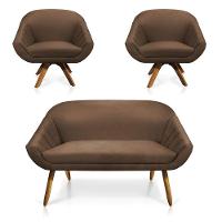 Kit 01 Namoradeira 02 Lugares E 02 Poltronas Giratória Giovana Suede Base Madeira Mm30 - D'rossi Marrom - 1