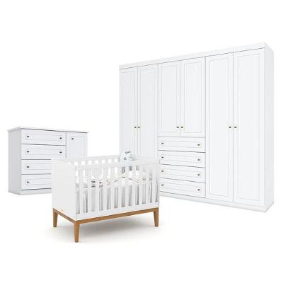 Quarto De Bebê Americano 6 Portas Com Berço Americano Unique Branco Soft Eco Wood - Matic - Henn
