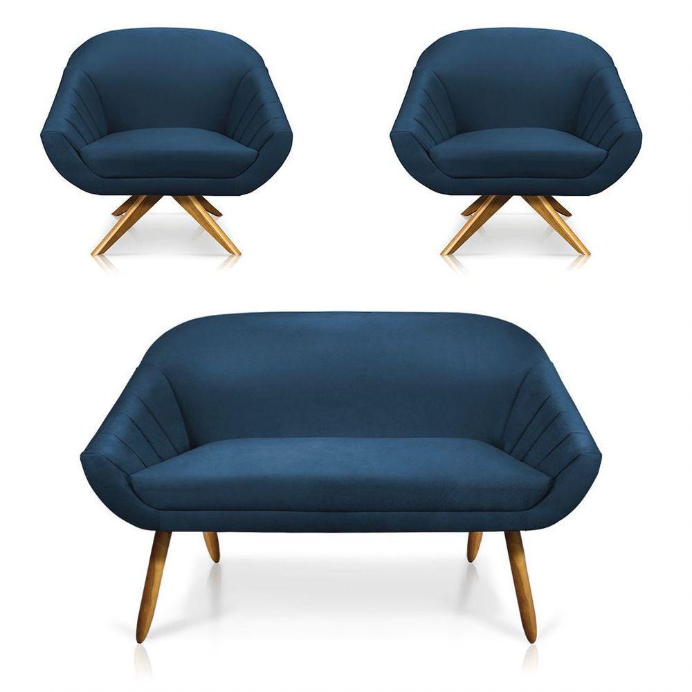 Kit 01 Namoradeira 02 Lugares E 02 Poltronas Giovana Suede Azul Marinho - 1