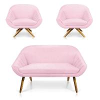 Kit 01 Namoradeira 02 Lugares E 02 Poltronas Giovana Suede Rosa Bebê - 1