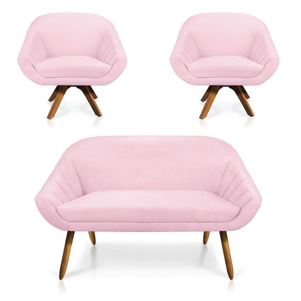 Kit 01 Namoradeira 02 Lugares E 02 Poltronas Giovana Suede Rosa Bebê - 1