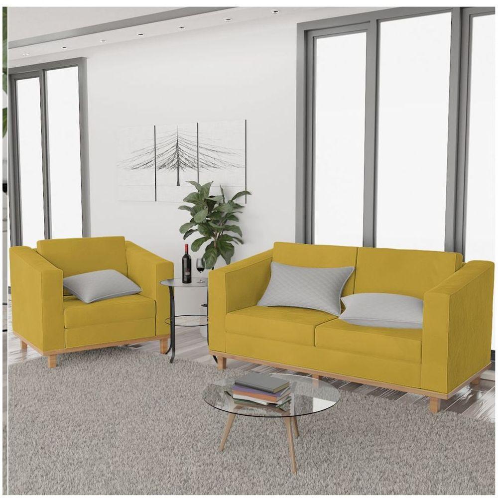 Kit Sofá 2 Lugares e Poltrona Europa Suede Amarelo - 3