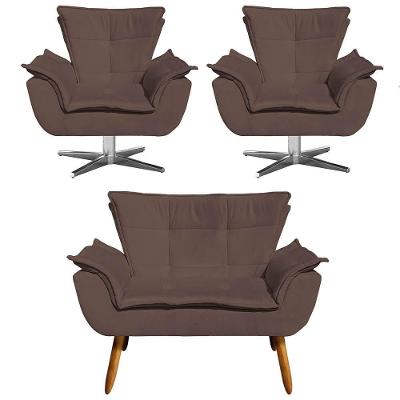 Kit Namoradeira E 2 Poltronas Giratórias Cromada Opla Suede Marrom - Ibiza