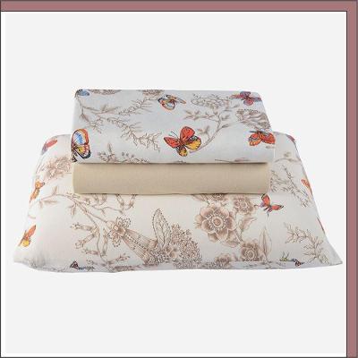 Jogo de Cama Lençol Borboleta Solteiro 100% Algodão Malha Bege Floral