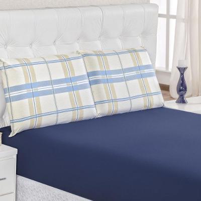 Jogo De Lençol Queen Em Malha 100% Algodão 3 Peças - Xadrez Azul - 100% Algodão