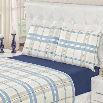 Jogo De Lençol Padrão Em Malha 4 Peças - Xadrez Azul - 100% Algodão