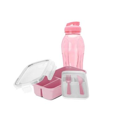 Combo Marmita 3 Divisórias Com Garrafa Rosa